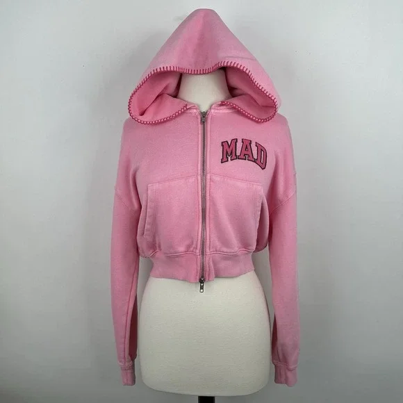 NWT GAP MadHappy Full Zip Crop Hoodie Sweatshirt MEDIUM Pink Embroidered Logo - Picture 6 of 16